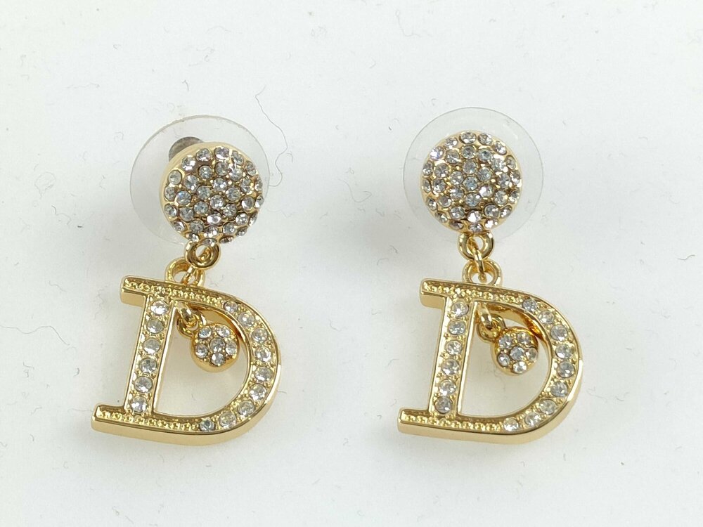 Christian Dior Crystal D Logo Alphabet Dancing Drop Earrings Gold Finish Studs